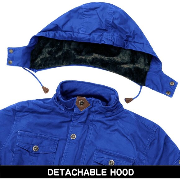Mens Royal Blue Thick Winter Jacket Hooded Fleece Lined Cotton Military Coat - Picture 5 of 6